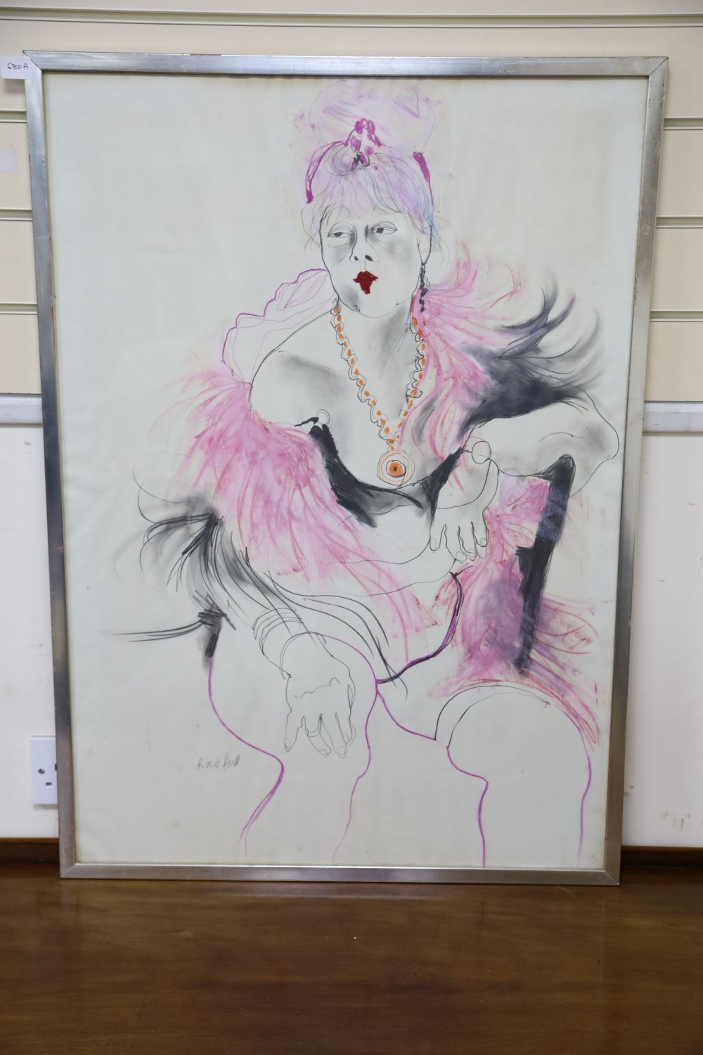 Rosie Fault, mixed media on paper, Seated showgirl, signed, 90 x 63cm